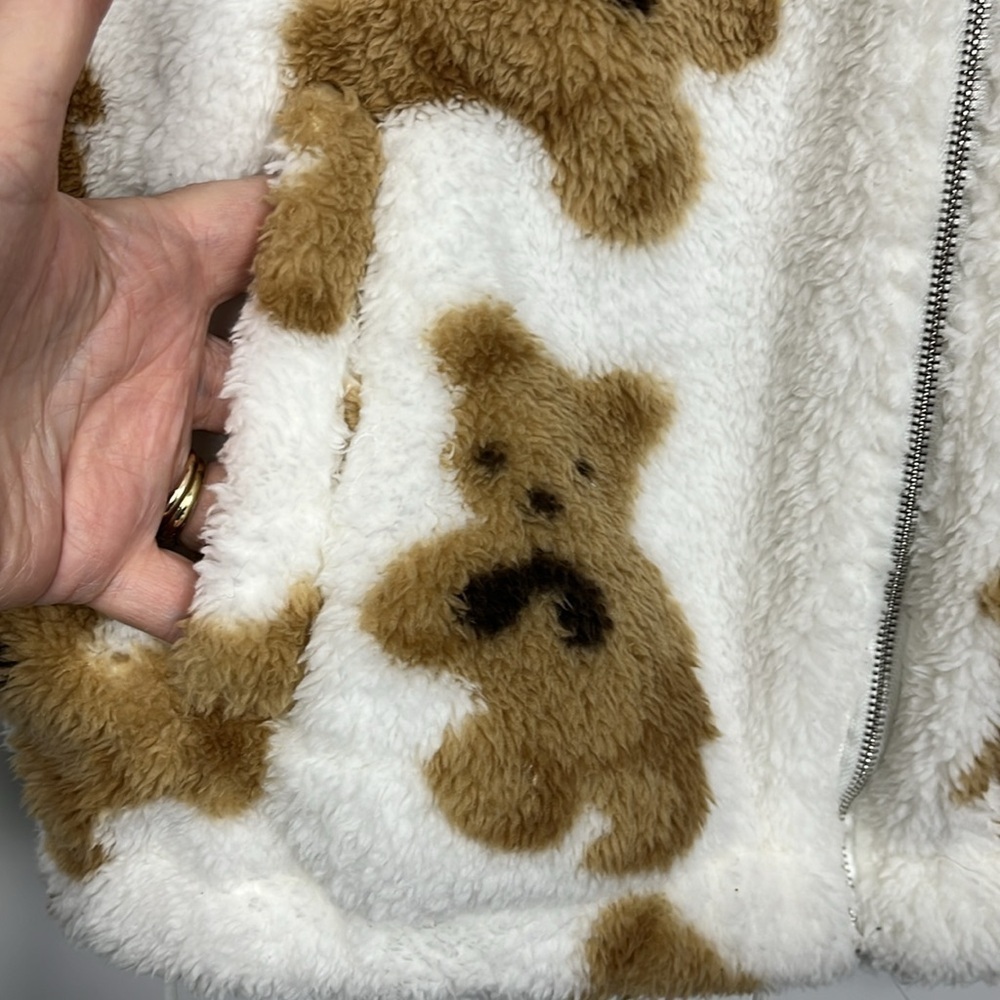 SHEIN Womens Vest Brown/White L Teddy Bear Pattern Full Front Zip Pockets Fleece - Picture 8 of 13